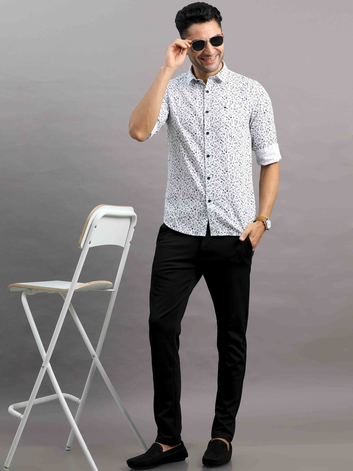 Shop Men's White Cotton Slim Fit Full Sleeves Printed Casual Shirt Online.