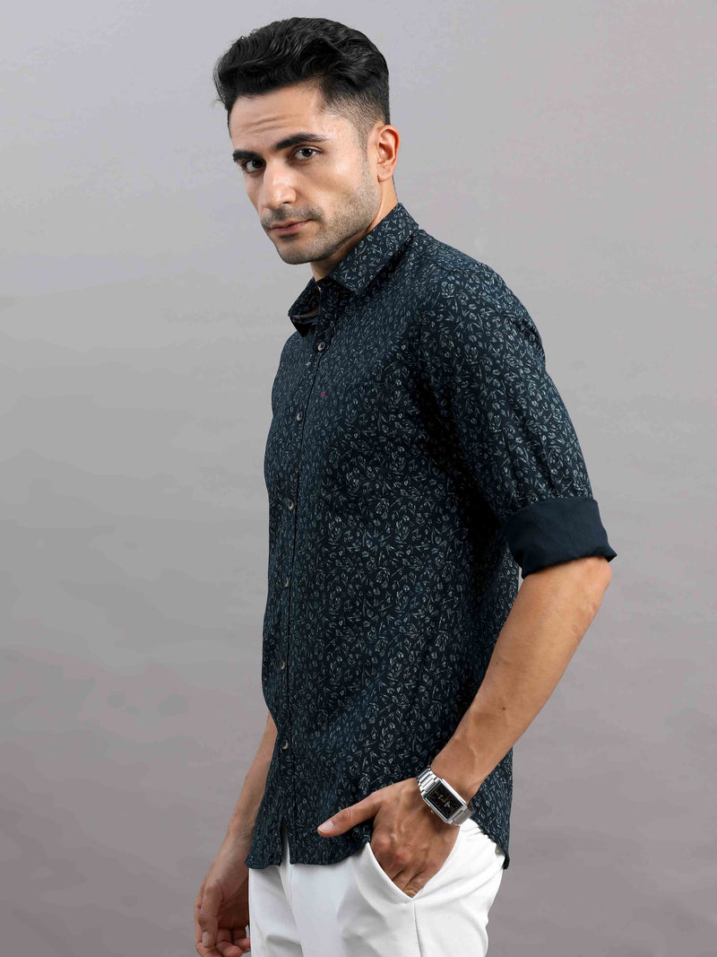 Shop Men's Navy Cotton Slim Fit Full Sleeves Printed Casual Shirt Online.