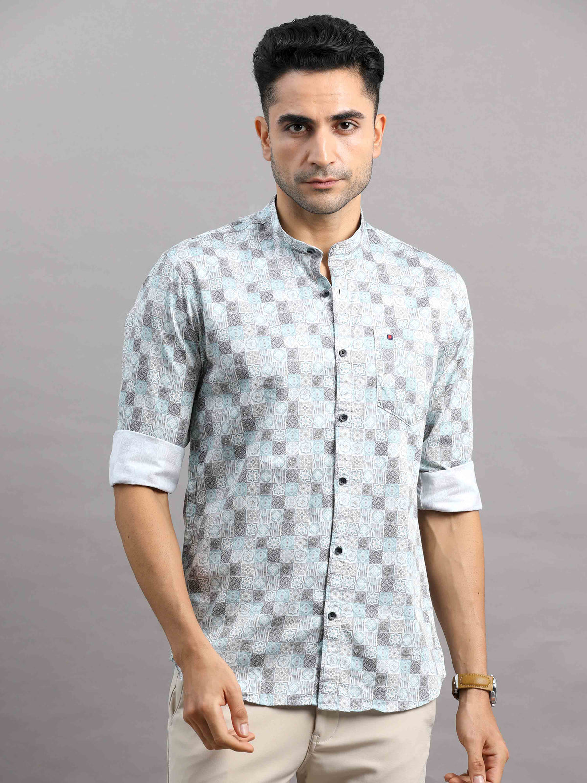 Men's Blue Slim Fit Full Sleeves Printed Casual Shirt