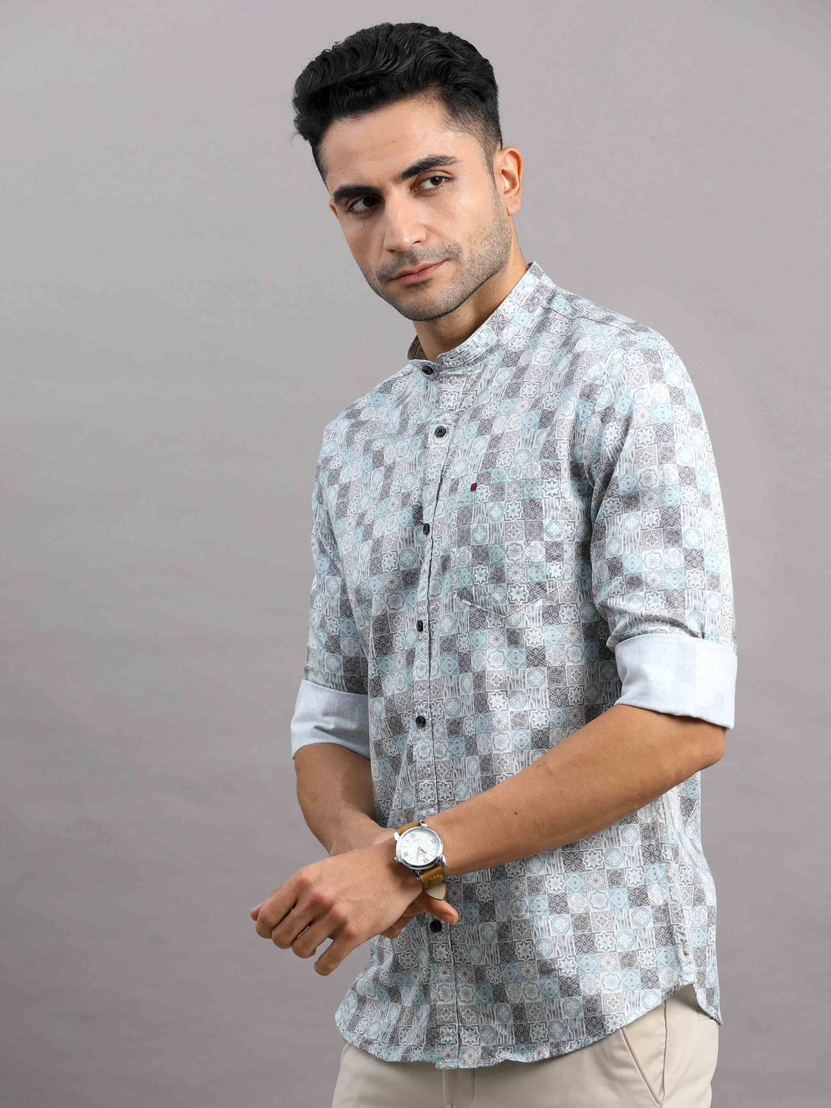 Shop Men's Blue Cotton Slim Fit Full Sleeves Printed Casual Shirt Online.