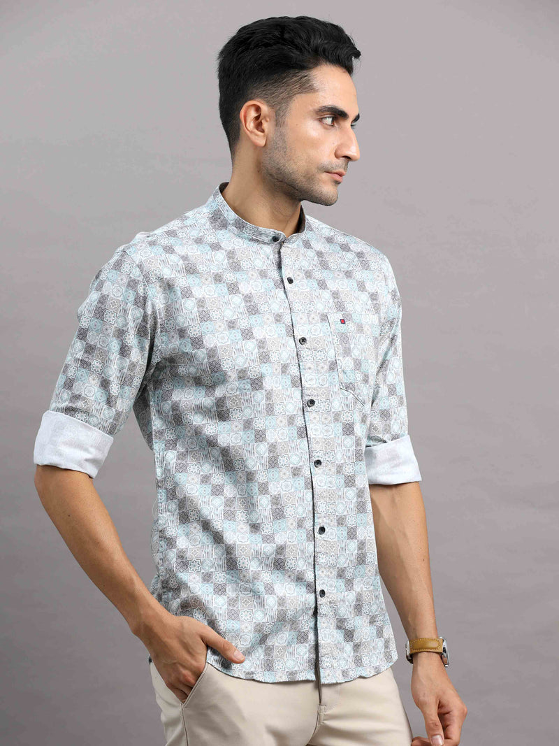 Shop Men's Blue Cotton Slim Fit Full Sleeves Printed Casual Shirt Online.