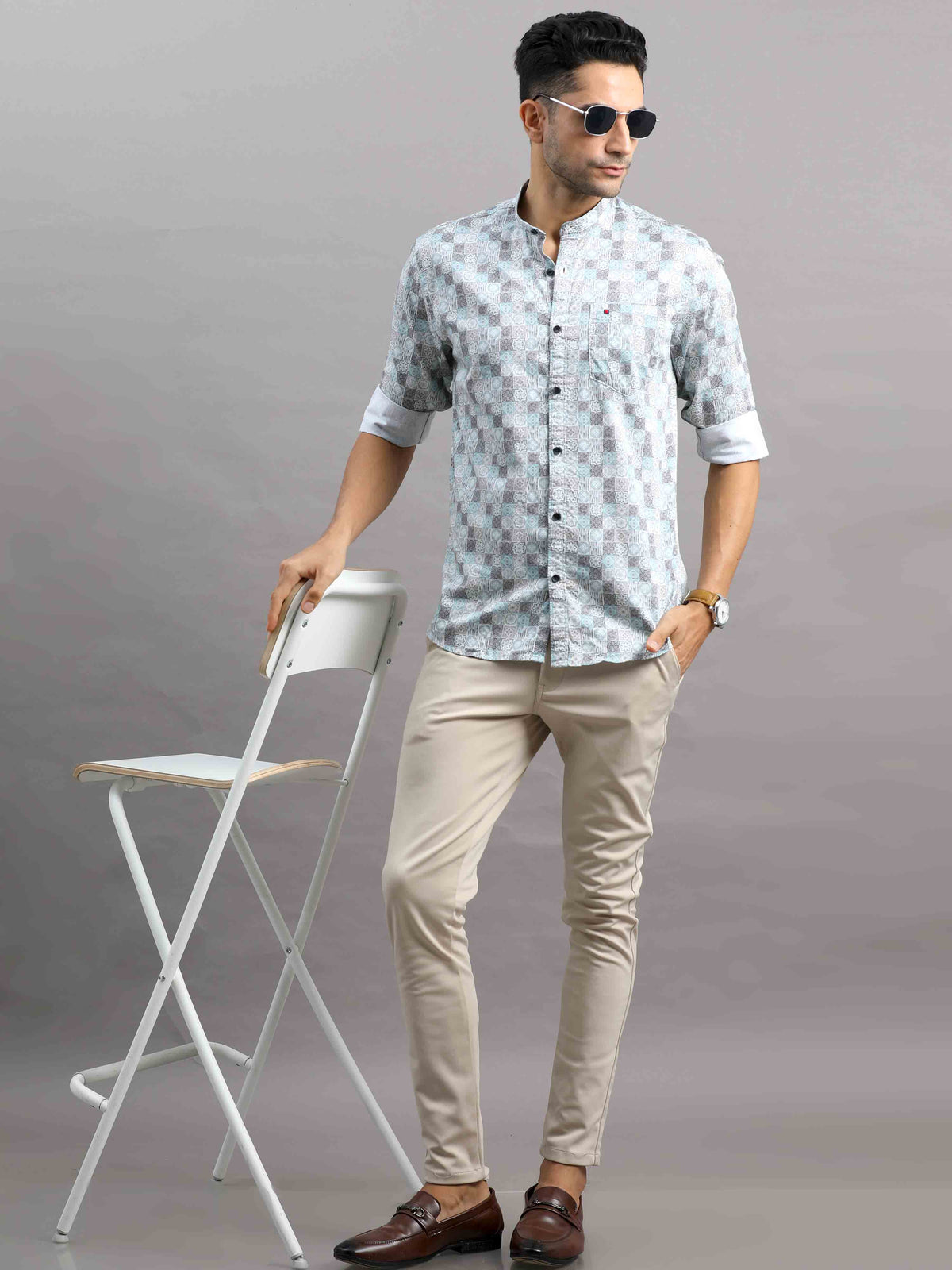 Shop Men's Blue Cotton Slim Fit Full Sleeves Printed Casual Shirt Online.