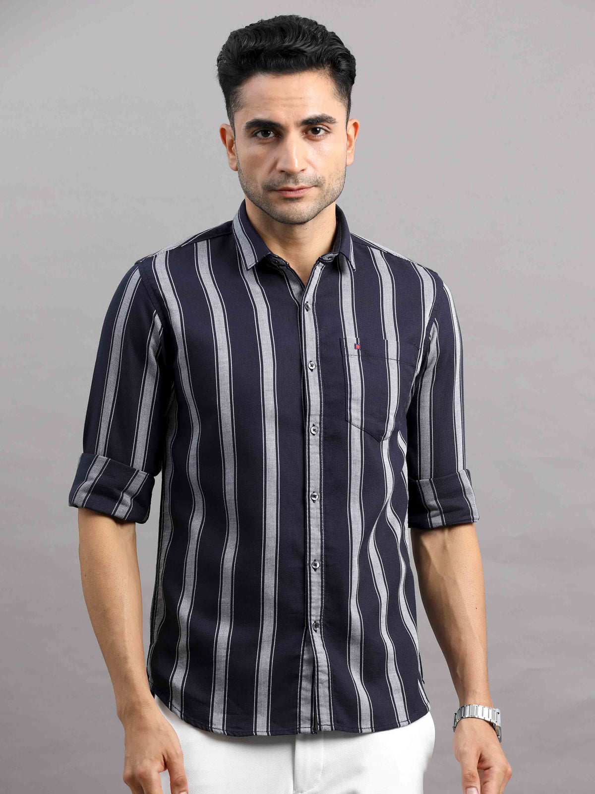 Shop Men's Black Cotton Slim Fit Full Sleeves Striped Casual Shirt Online.