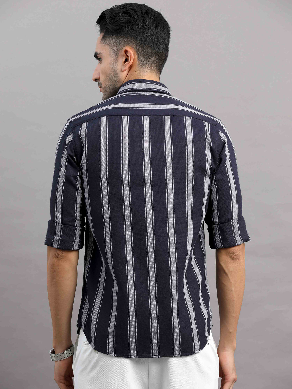 Men's Black Slim Fit Striped Full Sleeves Casual Shirt