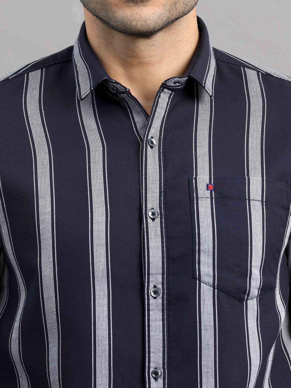 Men's Black Slim Fit Striped Full Sleeves Casual Shirt