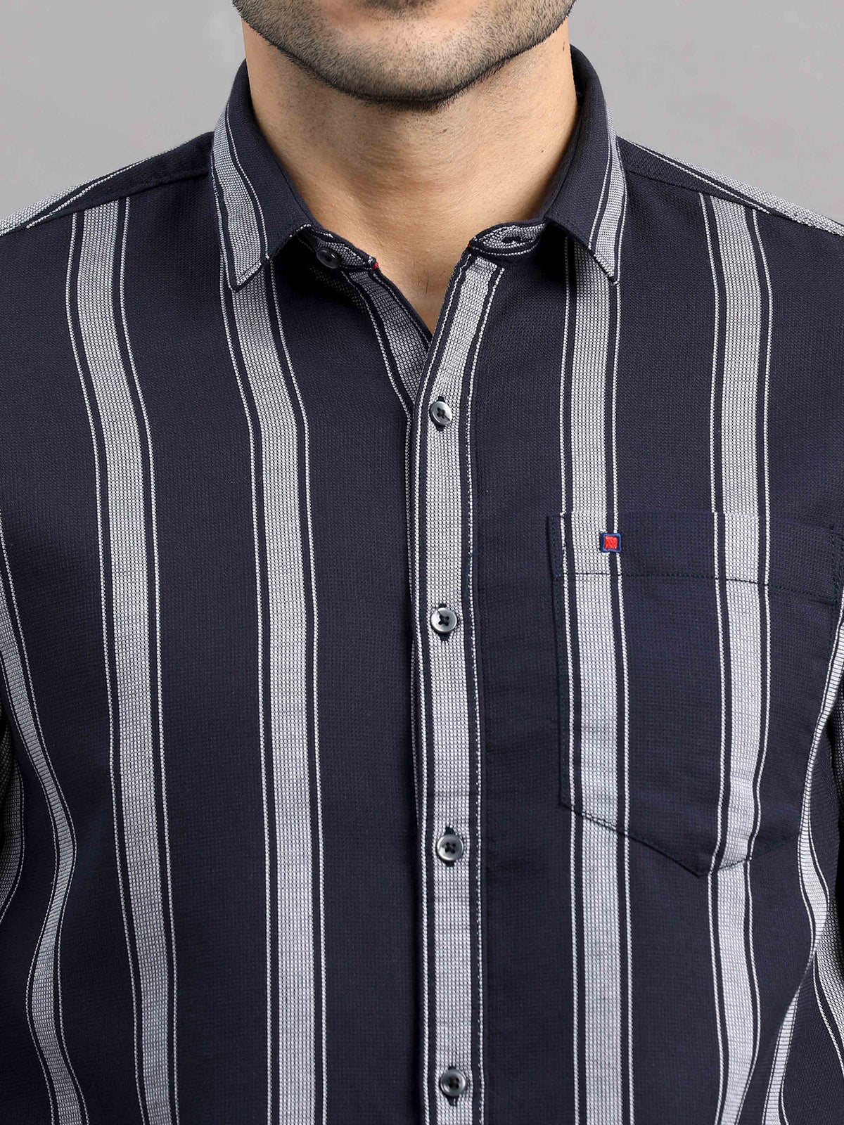 Men's Black Slim Fit Striped Full Sleeves Casual Shirt