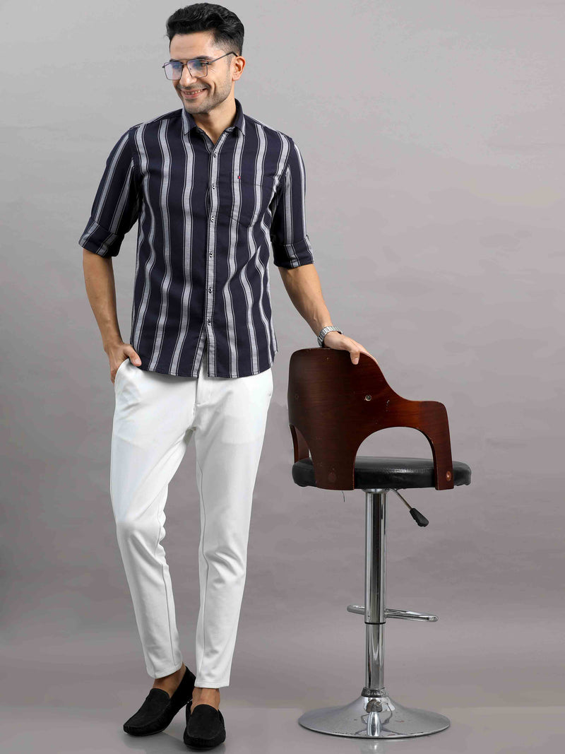 Shop Men's Black Cotton Slim Fit Full Sleeves Striped Casual Shirt Online.