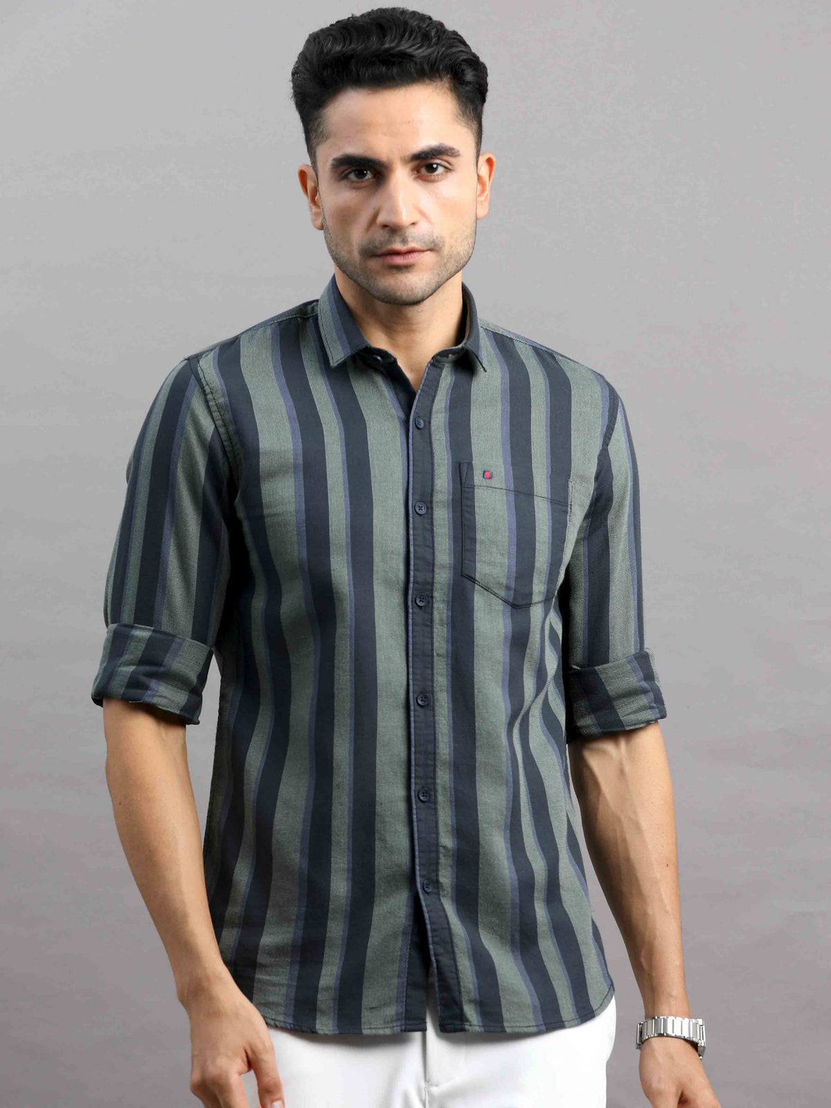 Shop Men's Green Cotton Slim Fit Full Sleeves Striped Casual Shirt Online.