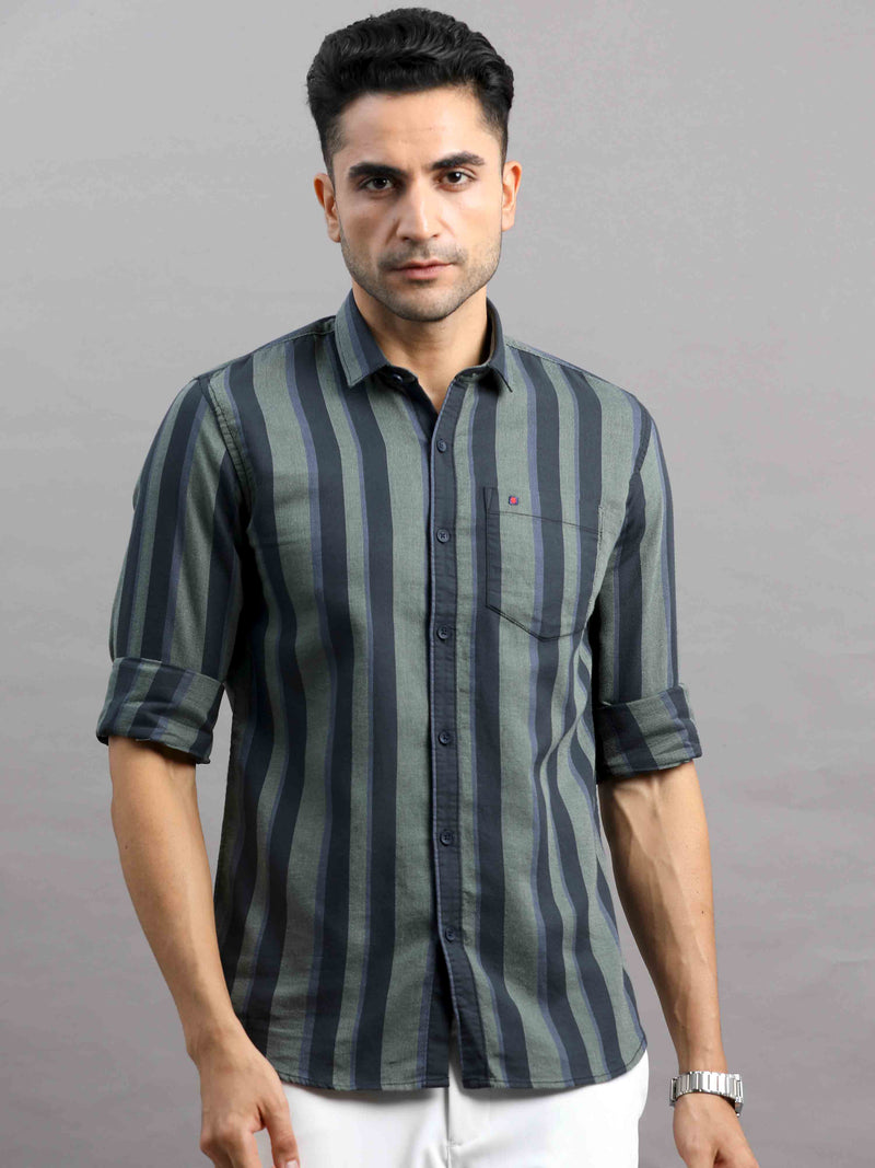 Shop Men's Green Cotton Slim Fit Full Sleeves Striped Casual Shirt Online.