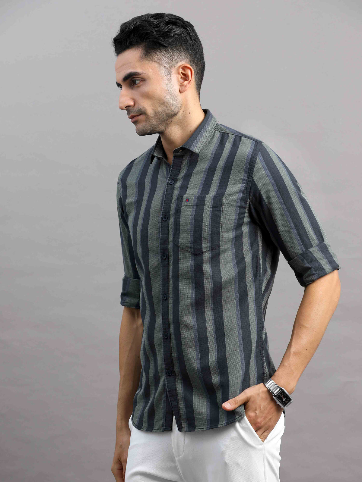 Shop Men's Green Cotton Slim Fit Full Sleeves Striped Casual Shirt Online.