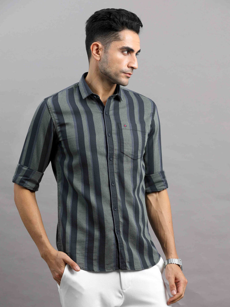 Shop Men's Green Cotton Slim Fit Full Sleeves Striped Casual Shirt Online.