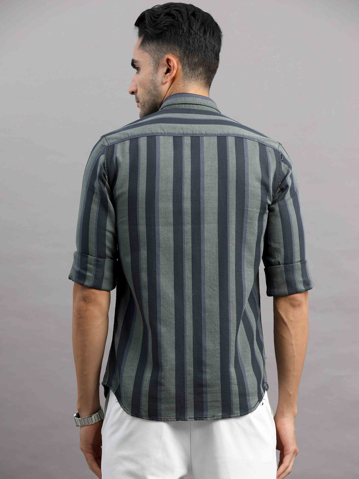 Shop Men's Green Cotton Slim Fit Full Sleeves Striped Casual Shirt Online.