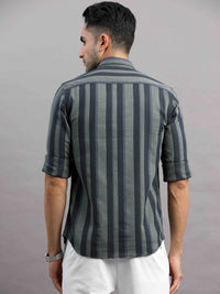 Men's Green Slim Fit Striped Full Sleeves Casual Shirt