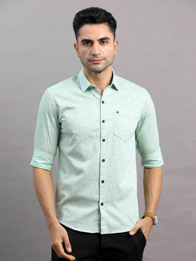 Shop Men's Green Cotton Slim Fit Full Sleeves Printed Casual Shirt Online.