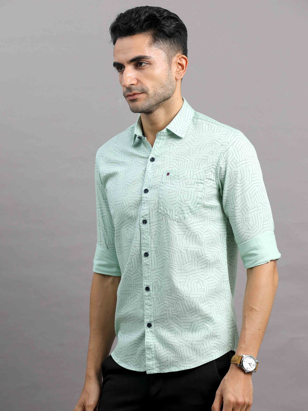 Shop Men's Green Cotton Slim Fit Full Sleeves Printed Casual Shirt Online.