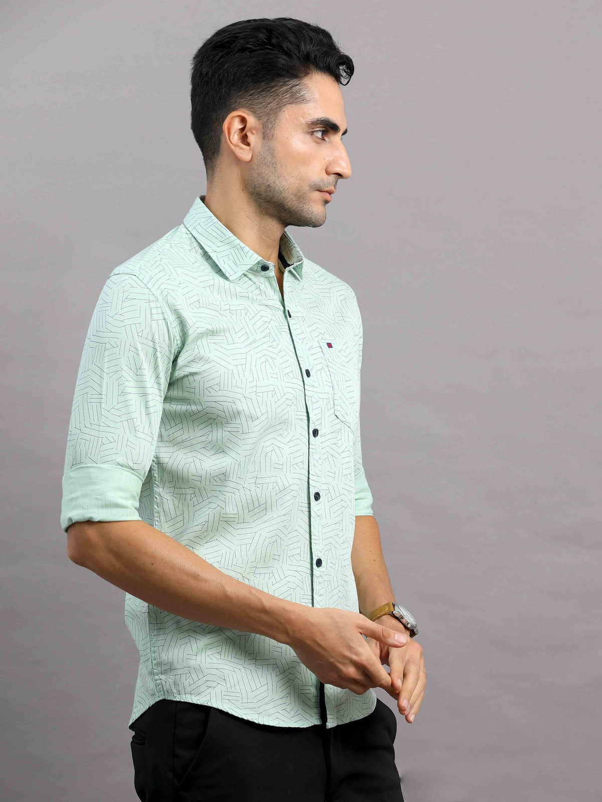 Shop Men's Green Cotton Slim Fit Full Sleeves Printed Casual Shirt Online.