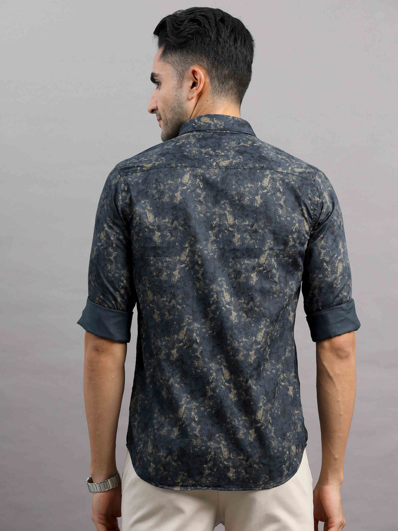 Shop Men's Grey Cotton Slim Fit Full Sleeves Printed Casual Shirt Online.