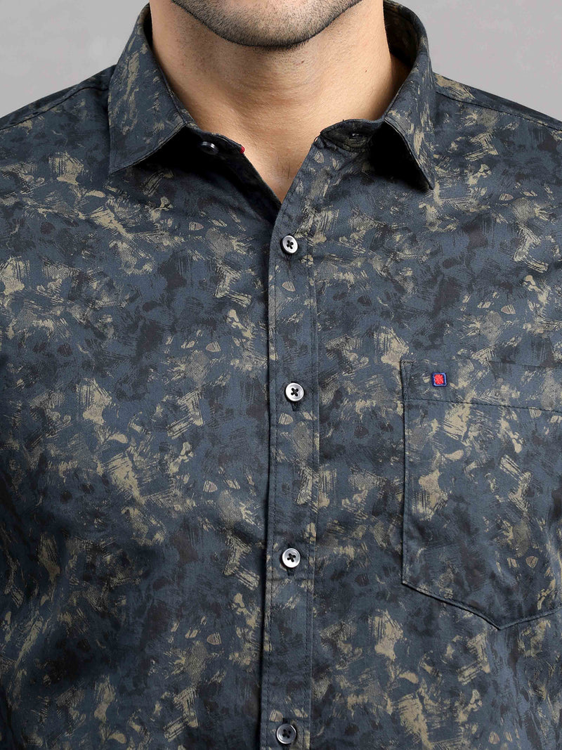 Shop Men's Grey Cotton Slim Fit Full Sleeves Printed Casual Shirt Online.