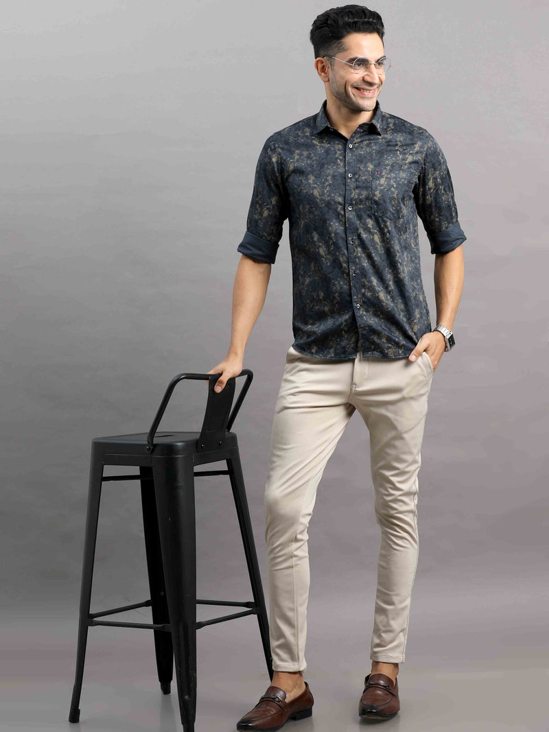 Shop Men's Grey Cotton Slim Fit Full Sleeves Printed Casual Shirt Online.