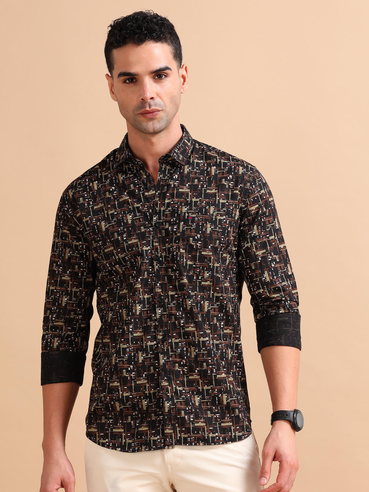 Men Brown Slim Fit Printed Full Sleeve Casual Shirt