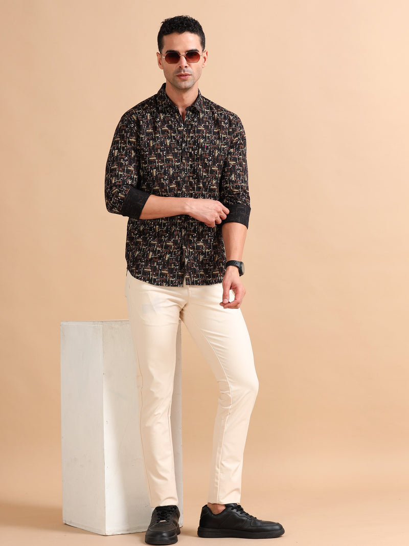 Men Brown Slim Fit Printed Full Sleeve Casual Shirt