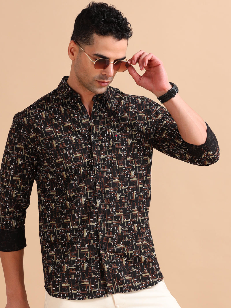 Men Brown Slim Fit Printed Full Sleeve Casual Shirt