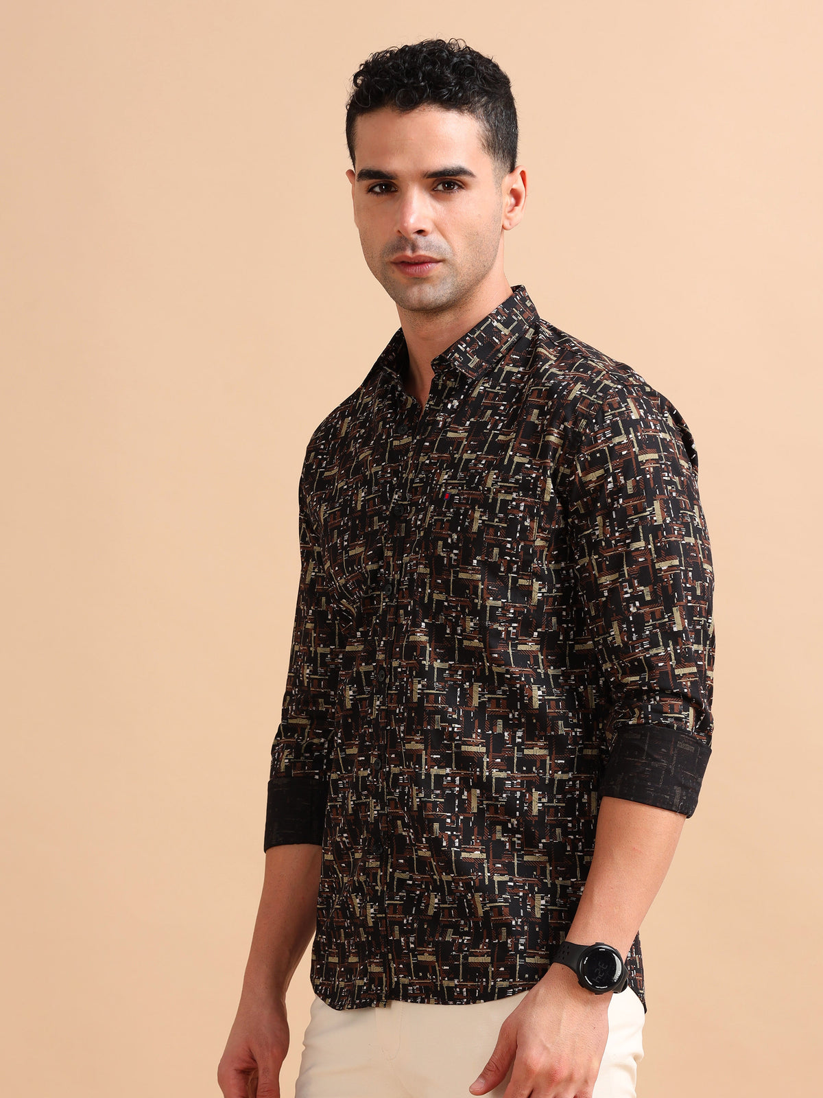 Men Brown Slim Fit Printed Full Sleeve Casual Shirt