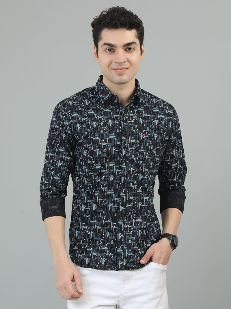 Men Dark Blue Slim Fit Printed Full Sleeve Casual Shirt