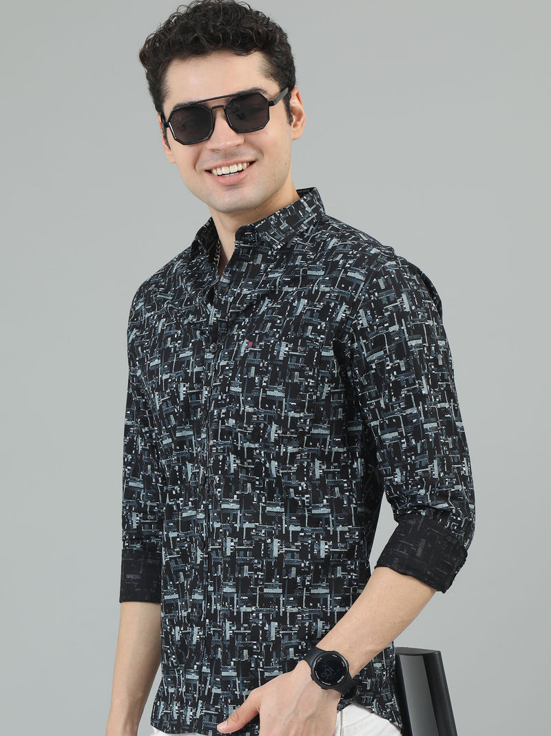 Men Dark Blue Slim Fit Printed Full Sleeve Casual Shirt