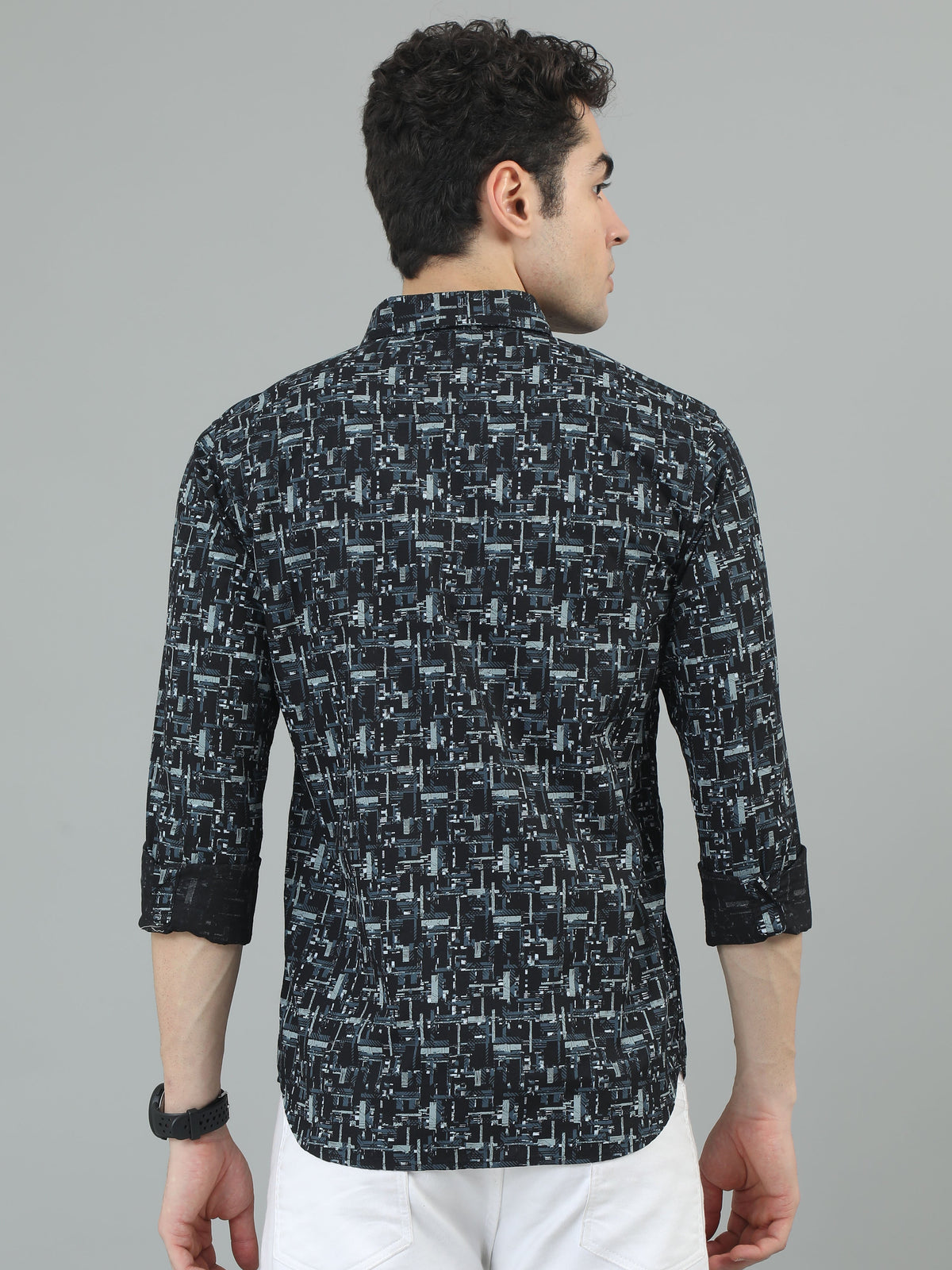 Men Dark Blue Slim Fit Printed Full Sleeve Casual Shirt