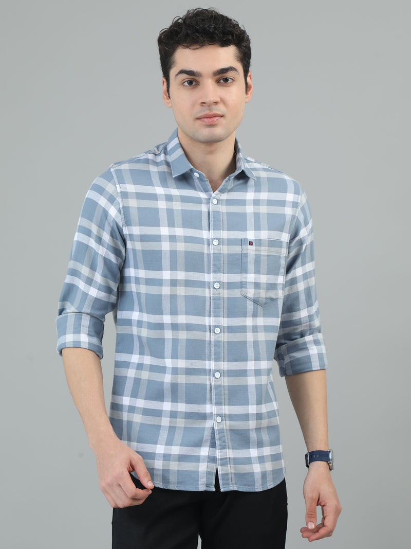 Men Light Blue Slim Fit Checks Full Sleeve Casual Shirt