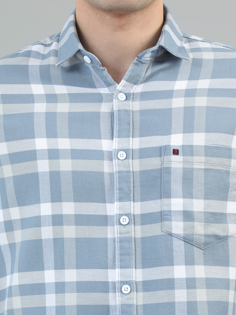 Men Light Blue Slim Fit Checks Full Sleeve Casual Shirt