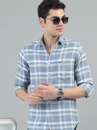 Men Light Blue Slim Fit Checks Full Sleeve Casual Shirt