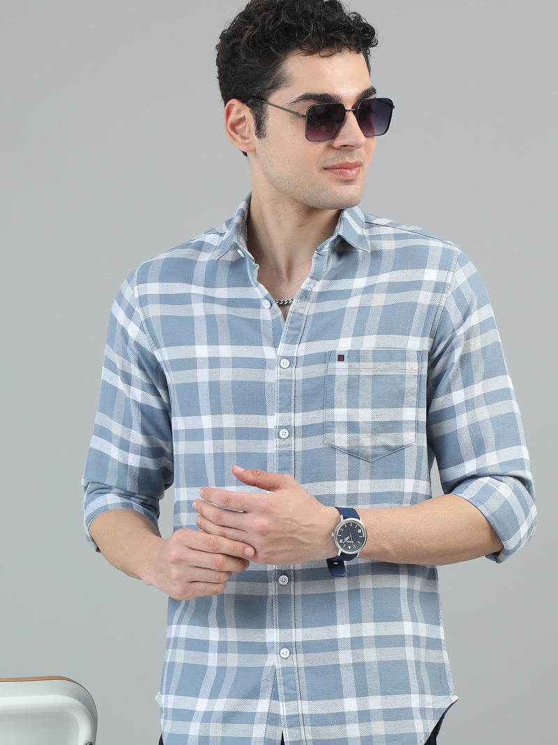 Men Light Blue Slim Fit Checks Full Sleeve Casual Shirt