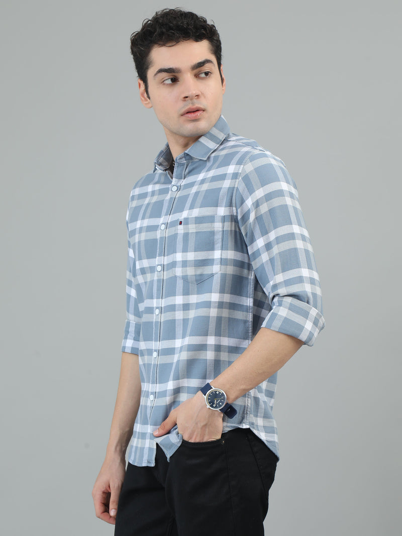 Men Light Blue Slim Fit Checks Full Sleeve Casual Shirt