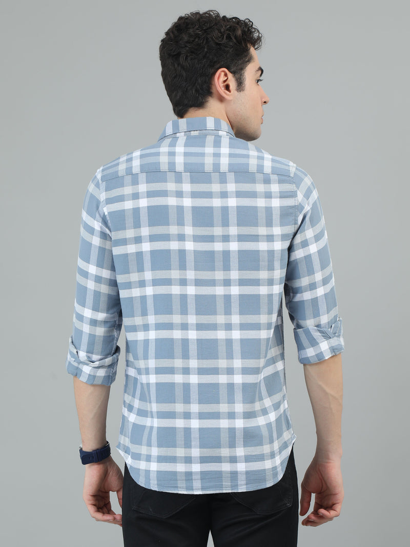 Men Light Blue Slim Fit Checks Full Sleeve Casual Shirt