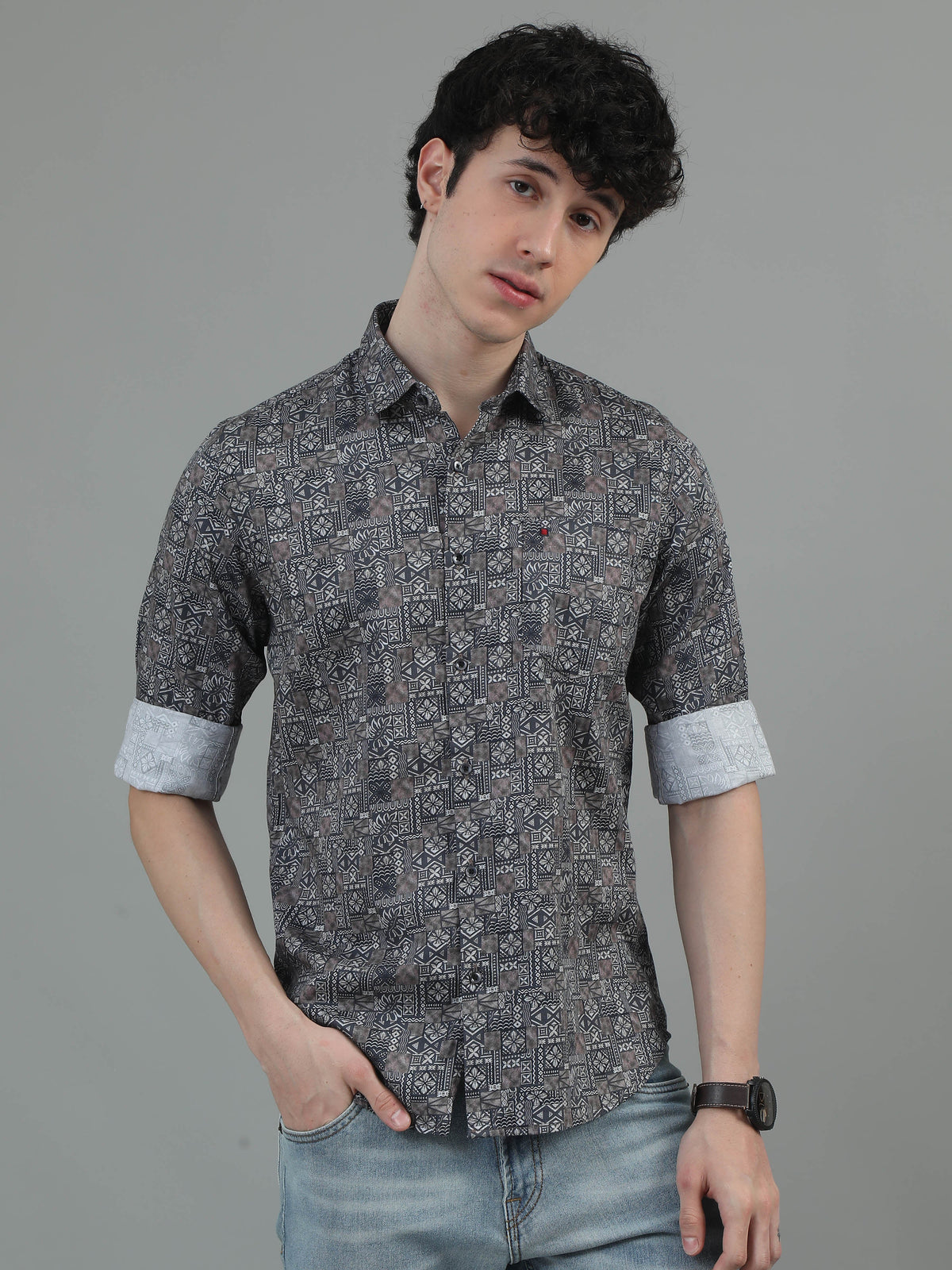 Men Light Purple Slim Fit Digital Printed  Full Sleeve Casual Shirt