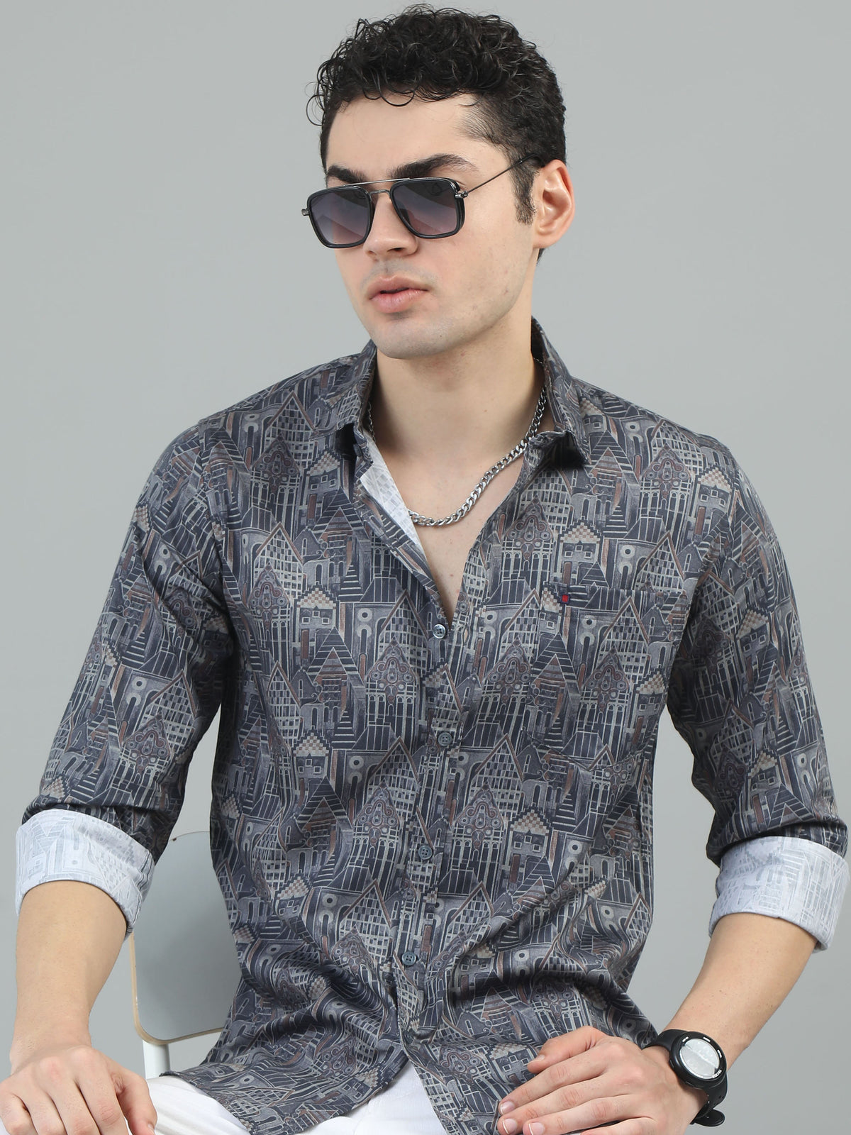 Men Light Green Slim Fit Digital Printed  Full Sleeve Casual Shirt