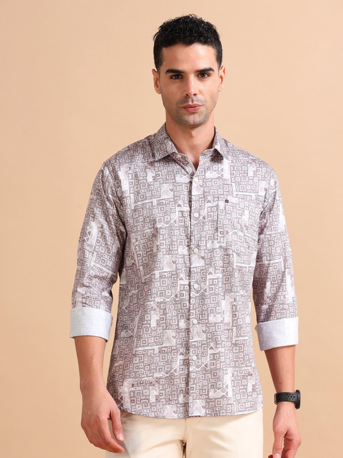 Men Light Peach Slim Fit Digital Printed  Full Sleeve Casual Shirt