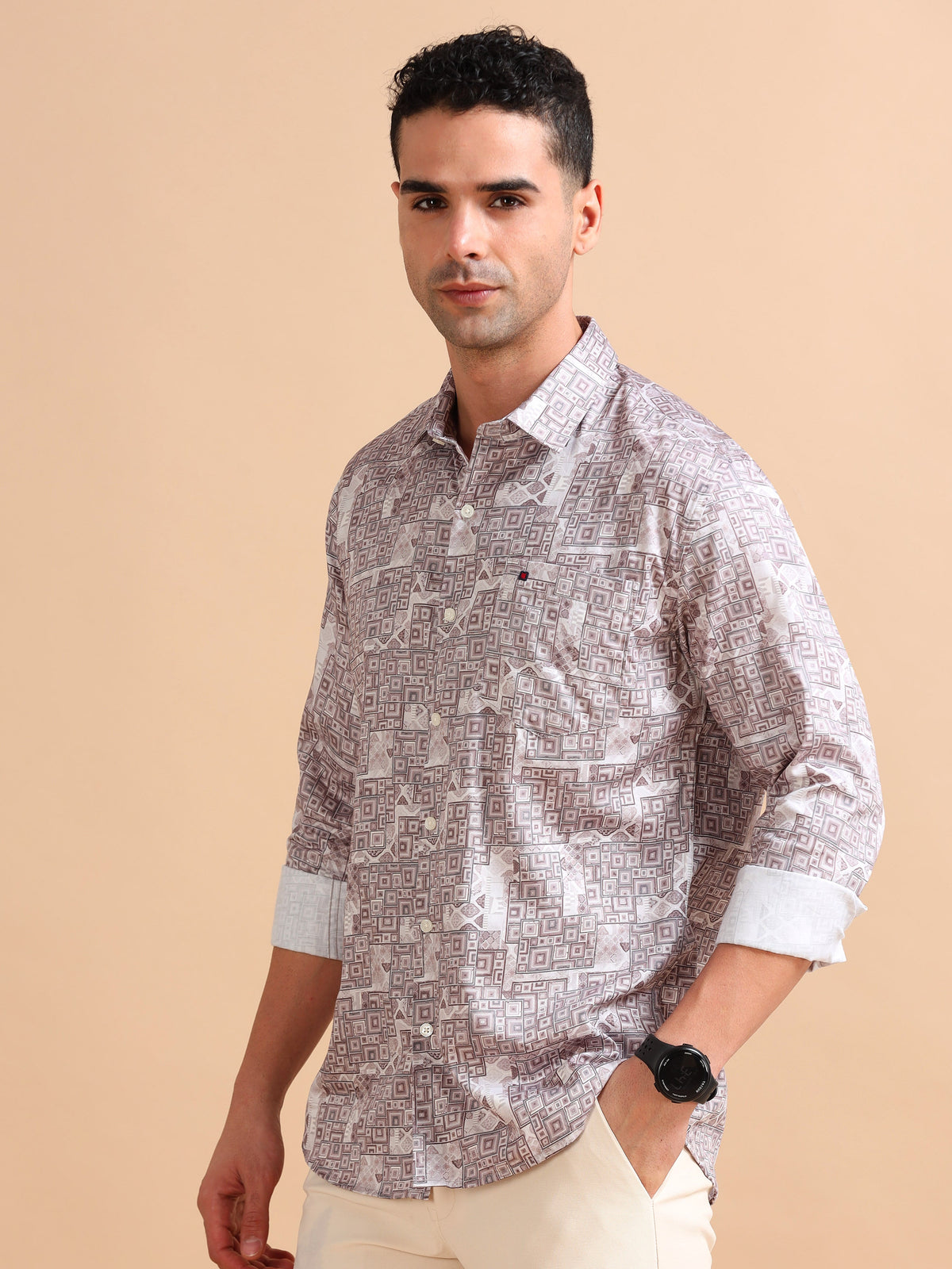 Men Light Peach Slim Fit Digital Printed  Full Sleeve Casual Shirt