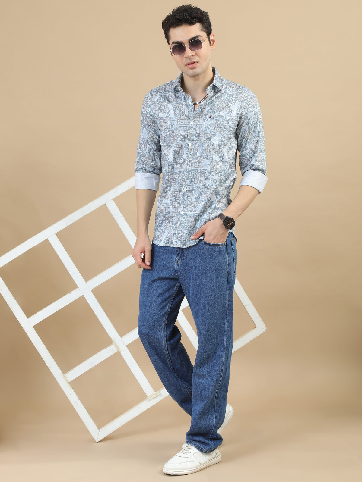 Men Sky Blue Slim Fit Digital Printed  Full Sleeve Casual Shirt