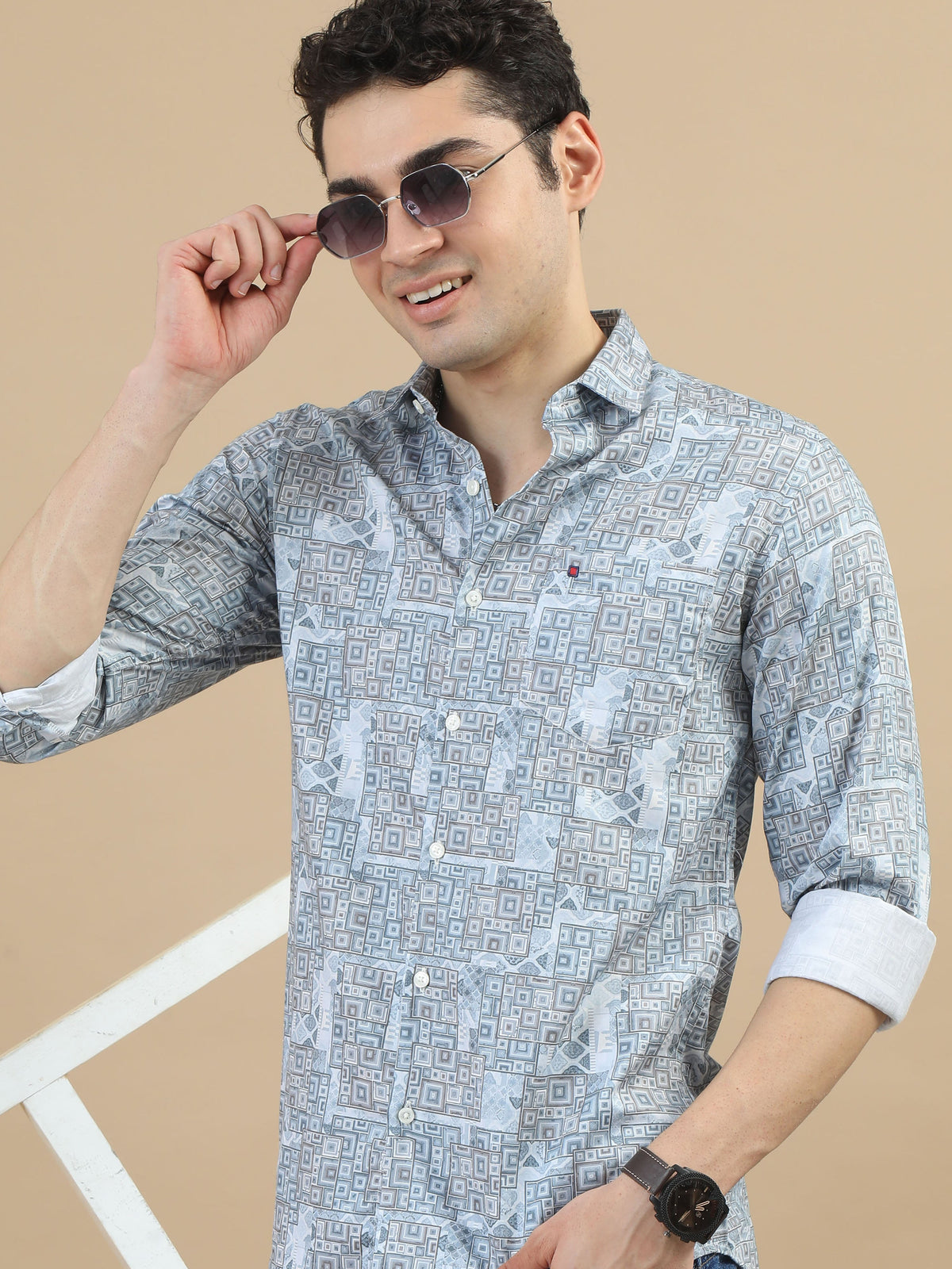 Men Sky Blue Slim Fit Digital Printed  Full Sleeve Casual Shirt