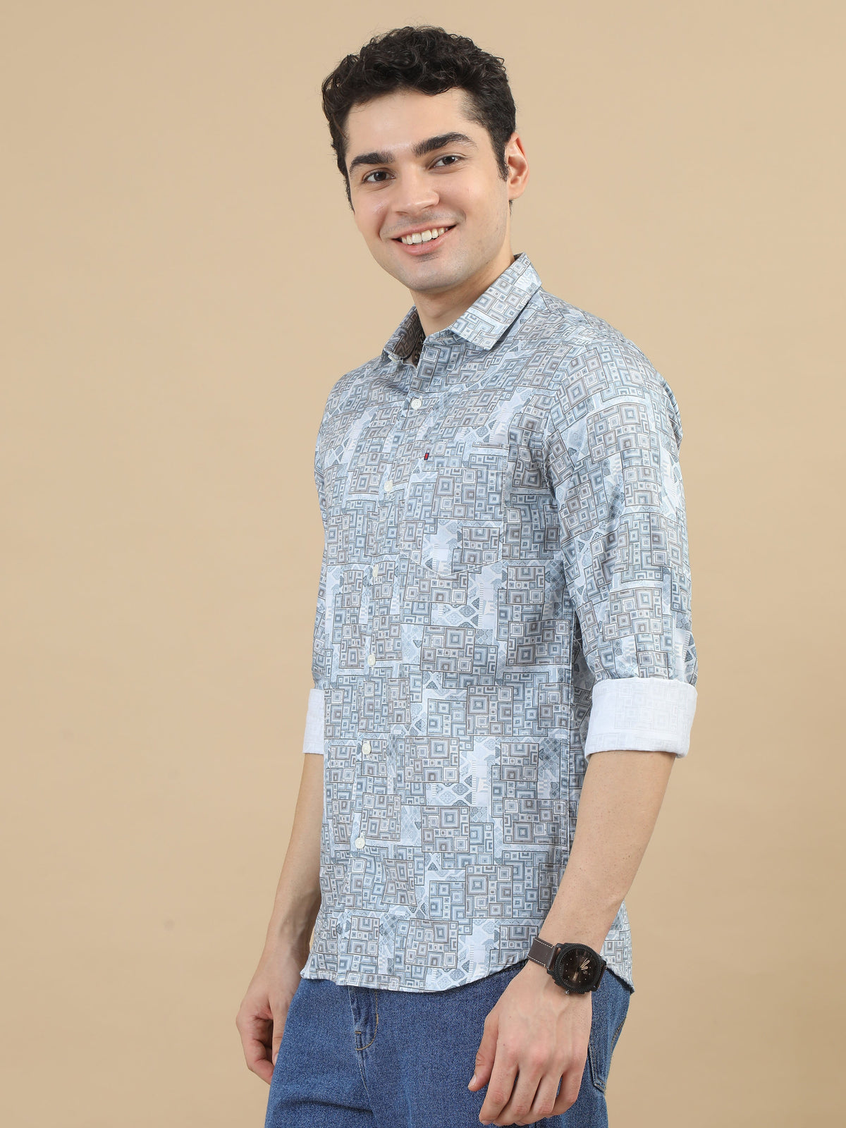 Men Sky Blue Slim Fit Digital Printed  Full Sleeve Casual Shirt