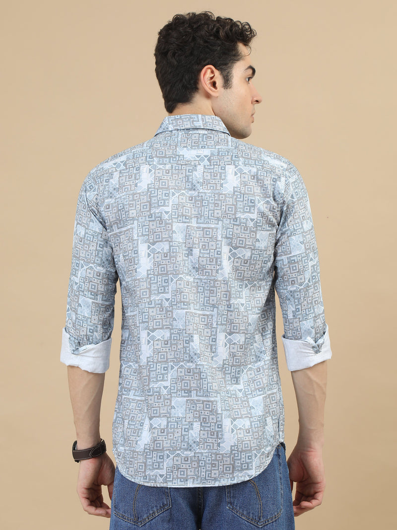 Men Sky Blue Slim Fit Digital Printed  Full Sleeve Casual Shirt