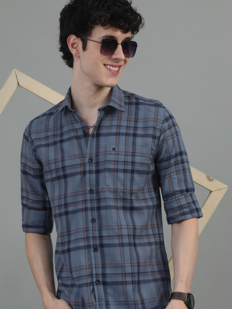 Men Navy Blue Slim Fit Checks Full Sleeve Casual Shirt