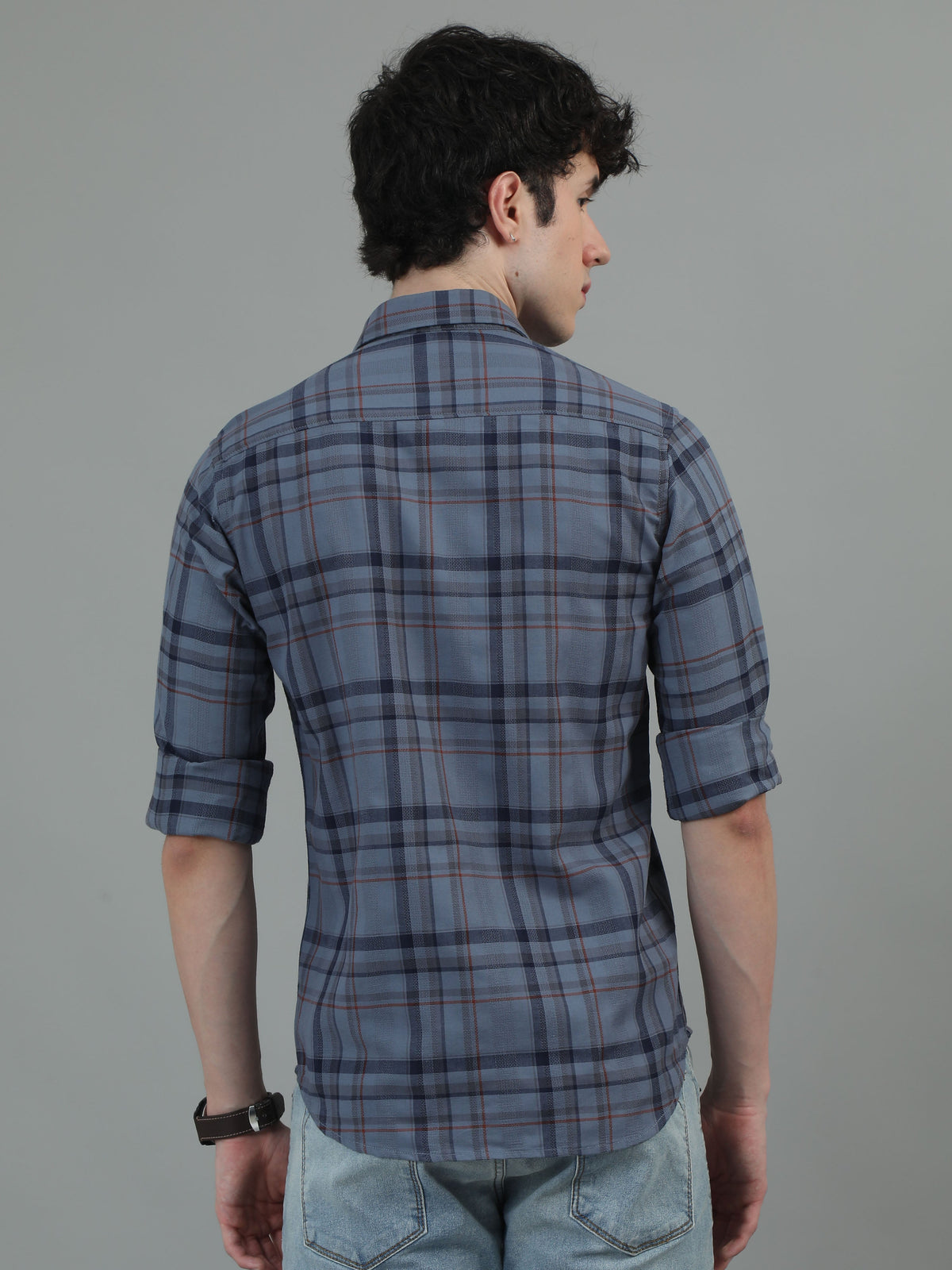 Men Navy Blue Slim Fit Checks Full Sleeve Casual Shirt