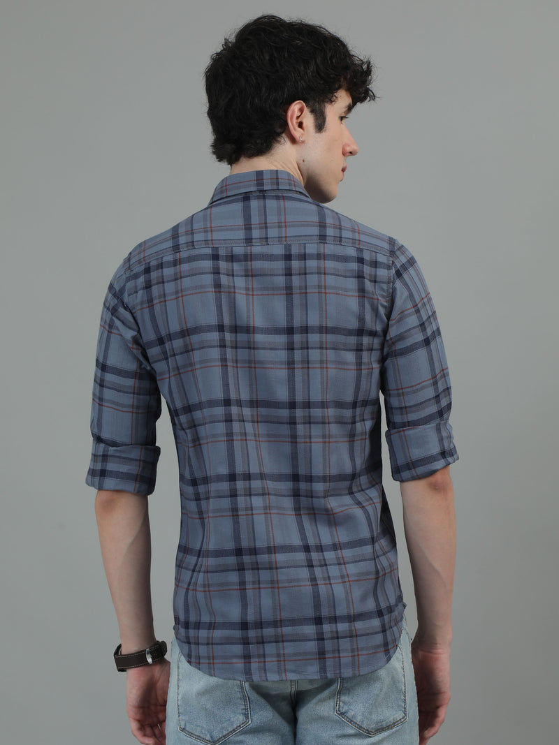 Men Navy Blue Slim Fit Checks Full Sleeve Casual Shirt