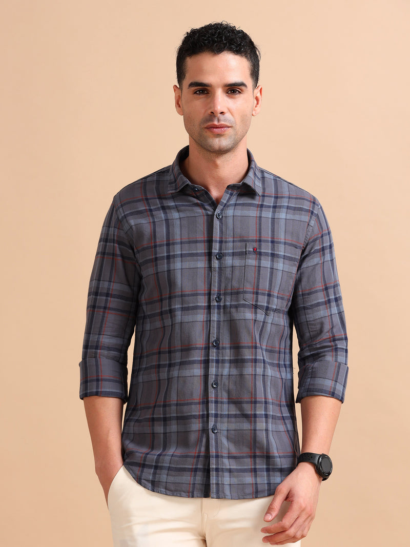 Men Dark Grey Slim Fit Checks Full Sleeve Casual Shirt