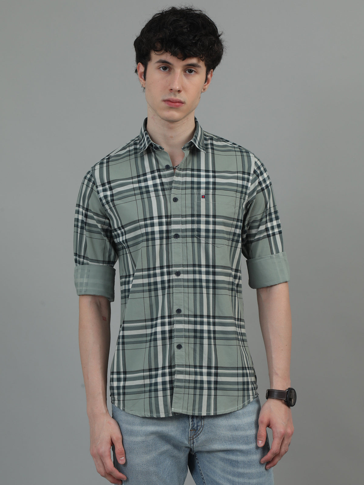 Men Light Green Slim Fit Checks Full Sleeve Casual Shirt