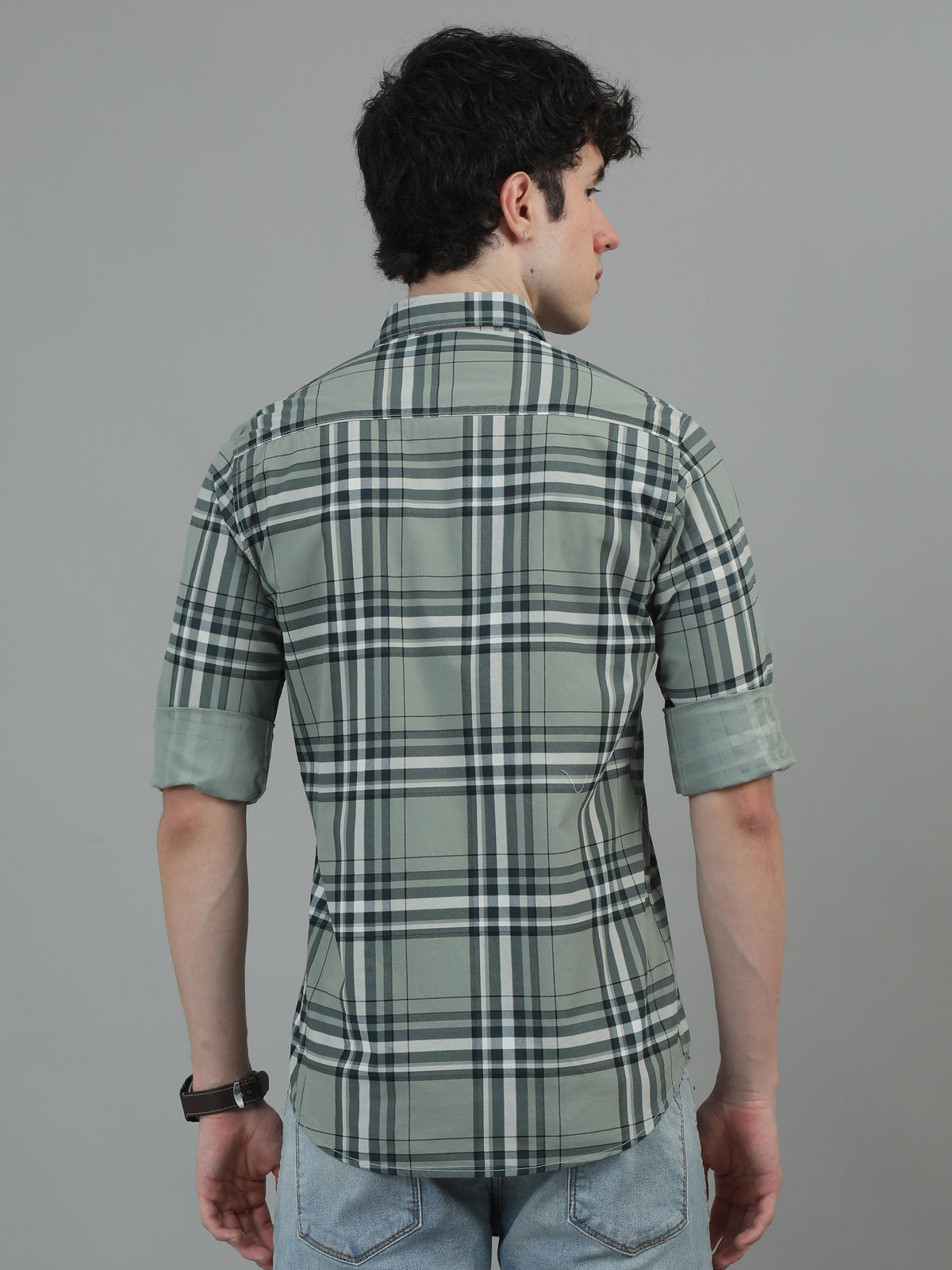 Men Light Green Slim Fit Checks Full Sleeve Casual Shirt